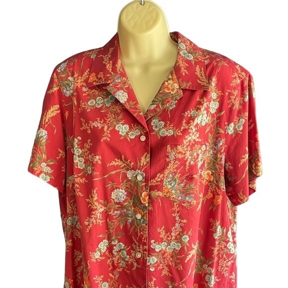 Vintage Lauren Ralph Lauren Red Floral Short Sleeve Button Down Shirt, size 1X - Picture 2 of 7